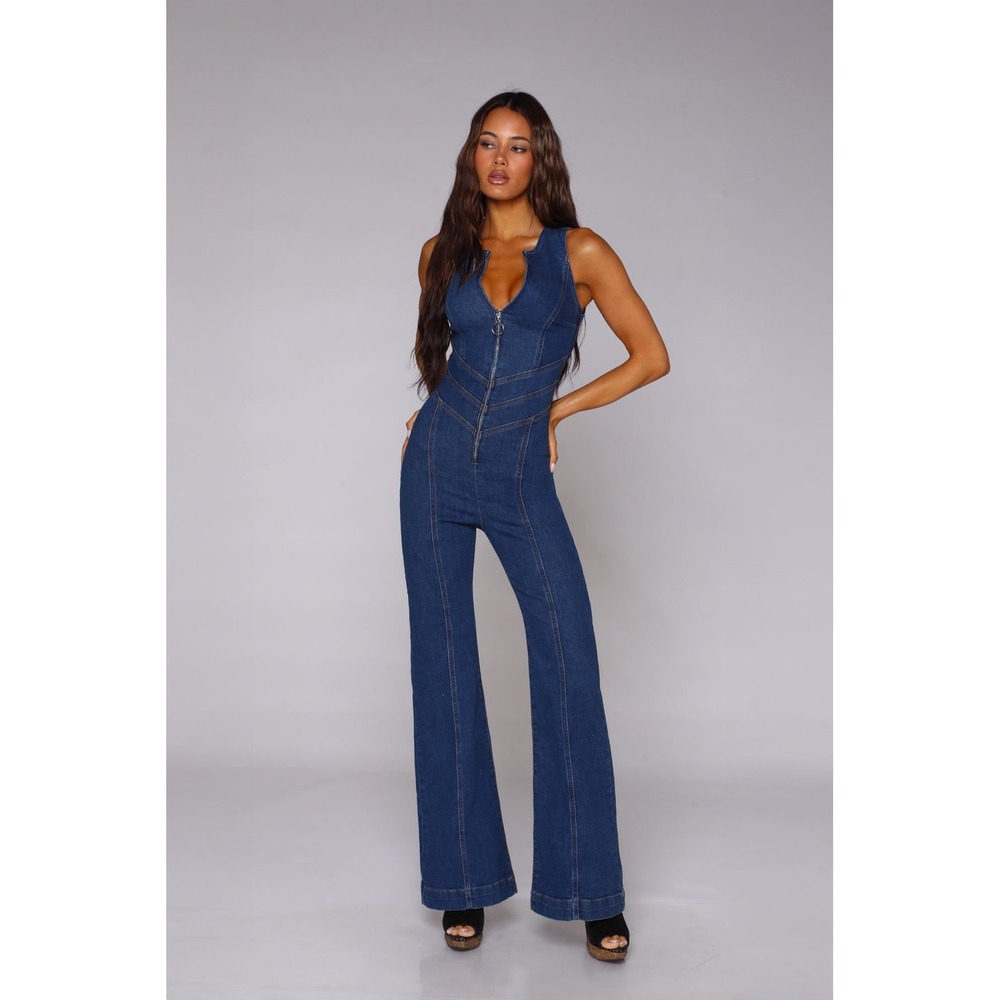 Retro Revice Hollywood Hearthrob Denim Heart Cutout Flare Jumpsuit S Dark Wash - Picture 2 of 9
